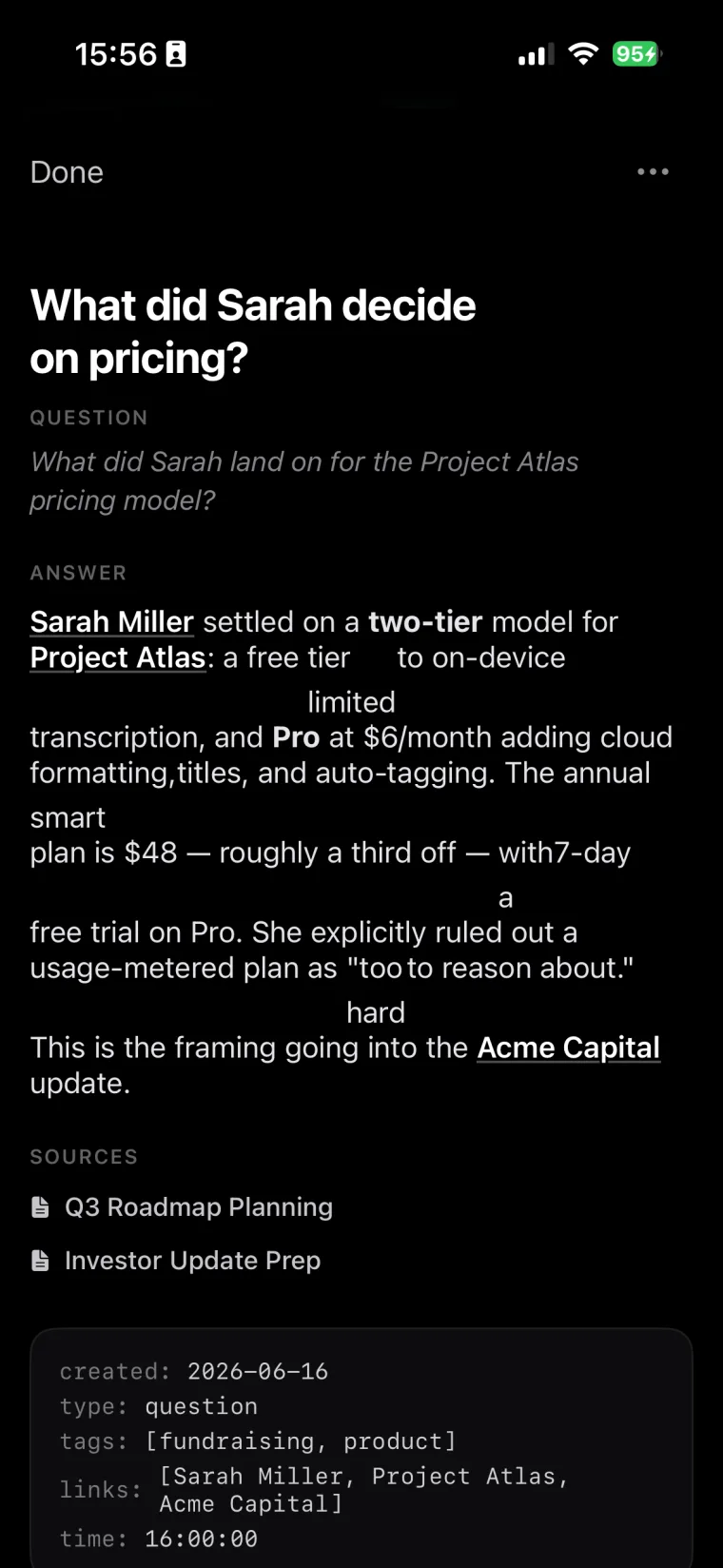 Ask Tephra — a question answered from the user's own notes, with the source notes listed