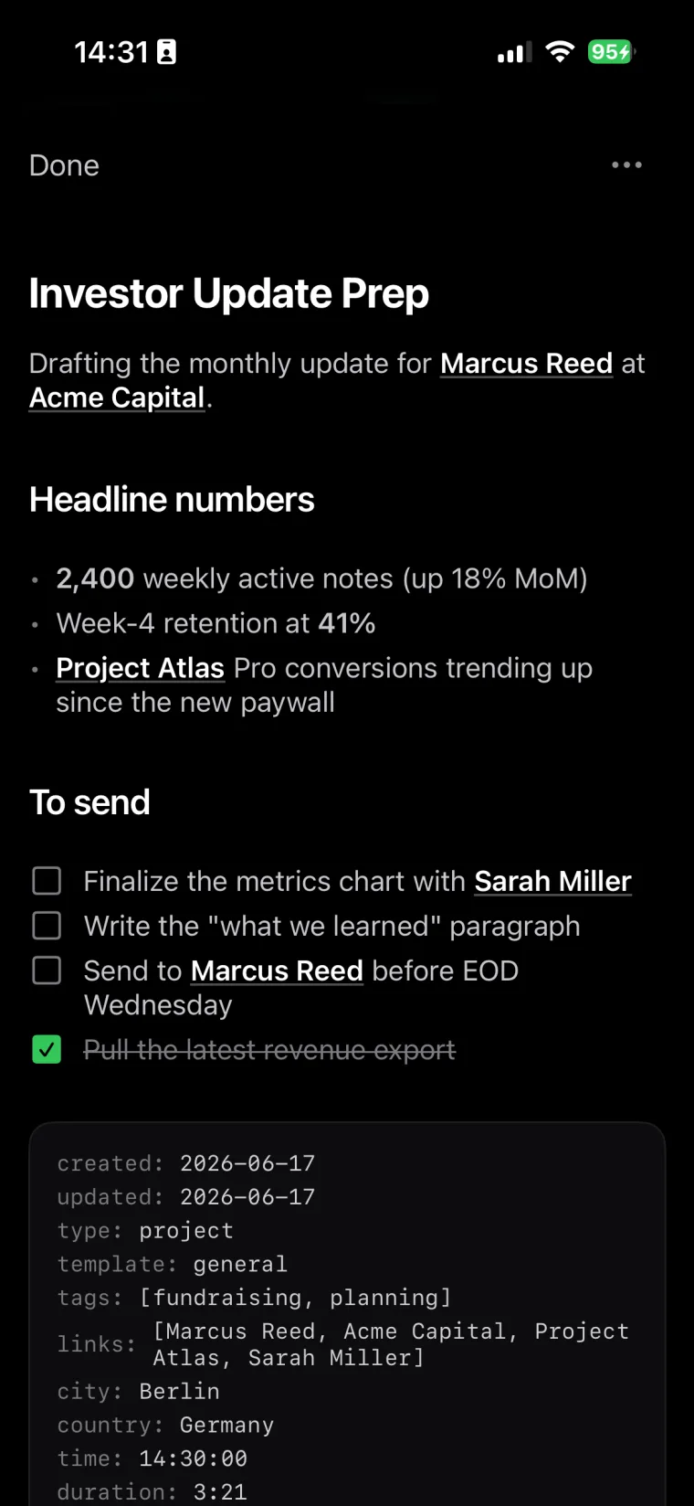 A voice memo turned into a clean note — title, summary, tags and linked names, with the Markdown frontmatter below