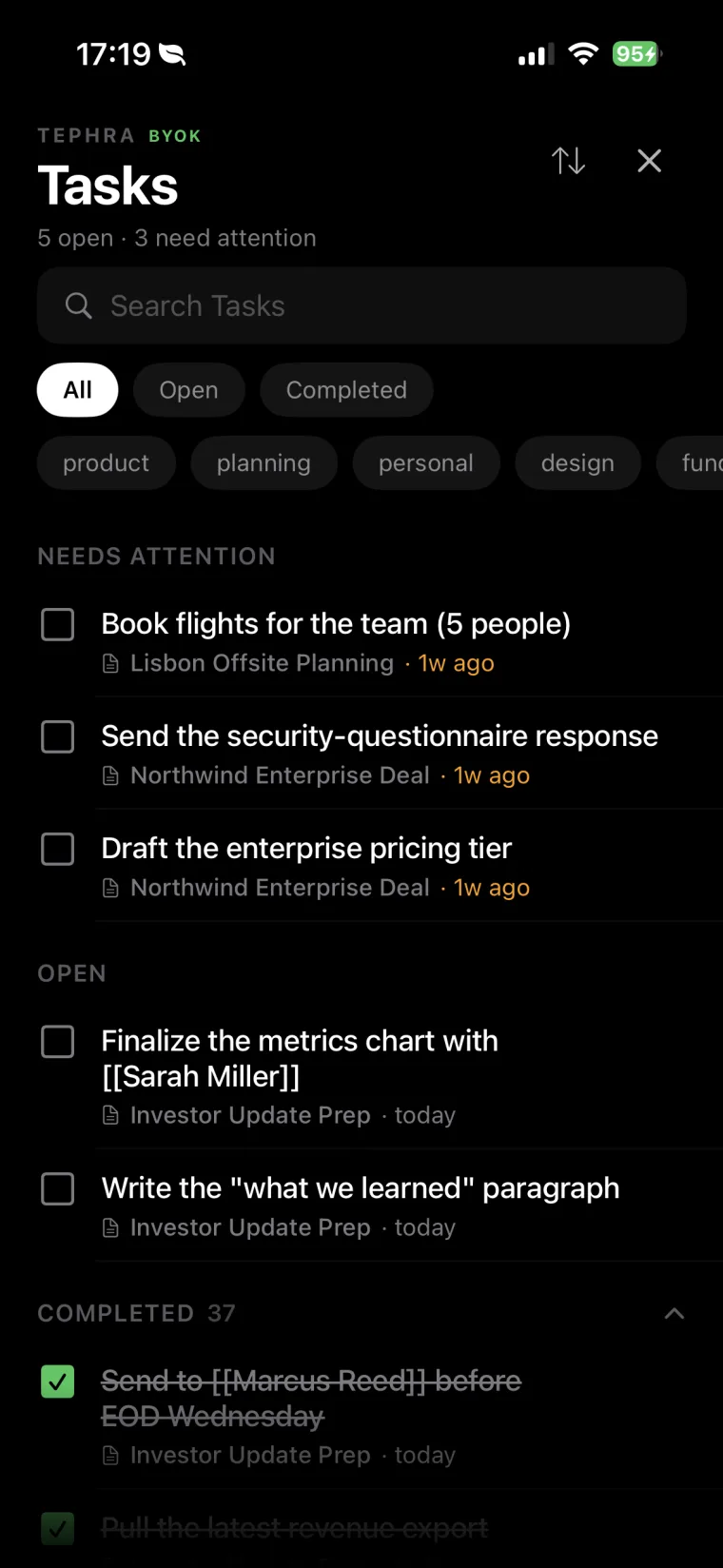 The Tasks screen — open and completed tasks pulled from every note, grouped by Needs Attention, Open and Completed