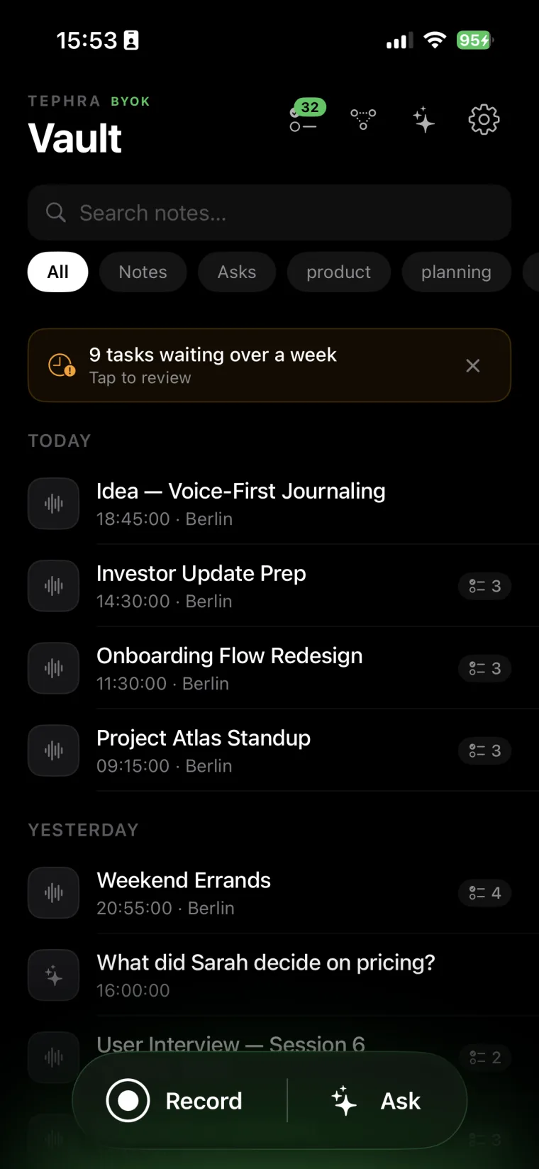The Tephra Vault — voice notes grouped by day, with a tasks-waiting banner and tag filters